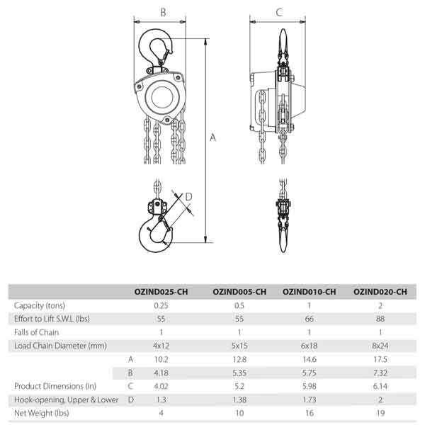 0.25 Ton OZ Industrial Manual Chain Hoist